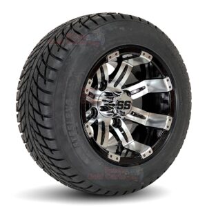 10" Tempest Black/Machined Golf Cart Wheels and 205/50-10 DOT Street/Turf Golf Cart Tires Combo - Set of 4 (18" tall)
