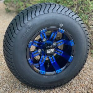 10″ Tempest Blue/Black Golf Cart Wheels and 205/65-10 DOT Street & Turf Golf Cart Tires Combo – Set of 4 (20" tall)