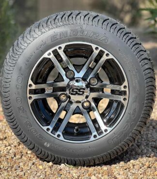 10-inch-terminator-black-machined-golf-cart-wheels-205/50-10-excel-endura-dot-approved-low-profile-street-and-turf-golf-cart-tires