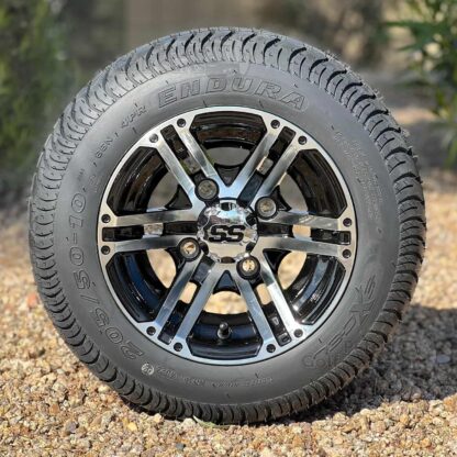 10-inch-terminator-black-machined-golf-cart-wheels-205/50-10-excel-endura-dot-approved-low-profile-street-and-turf-golf-cart-tires