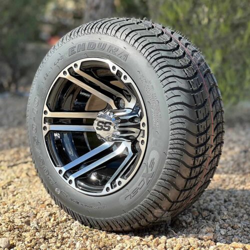 10-inch-terminator-black-machined-golf-cart-wheels-205/50-10-excel-endura-dot-approved-low-profile-street-and-turf-golf-cart-tires-set-of-4