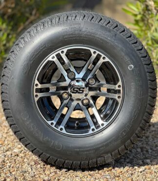 10-inch-terminator-black-machined-golf-cart-wheels-and-205/65-10-comfortride-dot-approved-excel-classic-street-turf-tires-combo-set-of-4-nonlifted-ezgo-yamaha