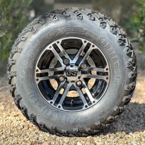 10" Terminator Black/Machined Golf Cart Wheels and 20x10-10 DOT All Terrain Golf Cart Tires Combo - Set of 4 (20" tall)