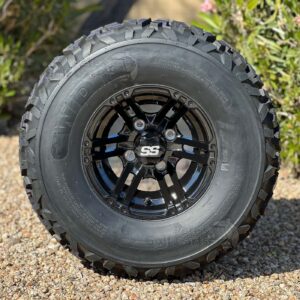10" Terminator Gloss Black Golf Cart Wheels and 23x11-10 All Terrain Tires Combo - Set of 4 (23" tall)