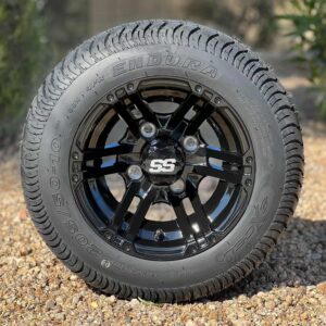 10" Terminator Gloss Black Golf Cart Wheels and 205/50-10 Low Profile Street Golf Cart Tires Combo - Set of 4 (18" - FITS ALL CARTS!)