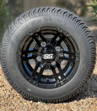 10-inch-terminator-gloss-black-golf-cart-wheels-205/50-10-excel-endura-dot-approved-low-profile-street-and-turf-golf-cart-tires-set-of-4