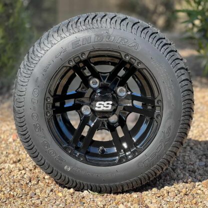 10-inch-terminator-gloss-black-golf-cart-wheels-205/50-10-excel-endura-dot-approved-low-profile-street-and-turf-golf-cart-tires-set-of-4