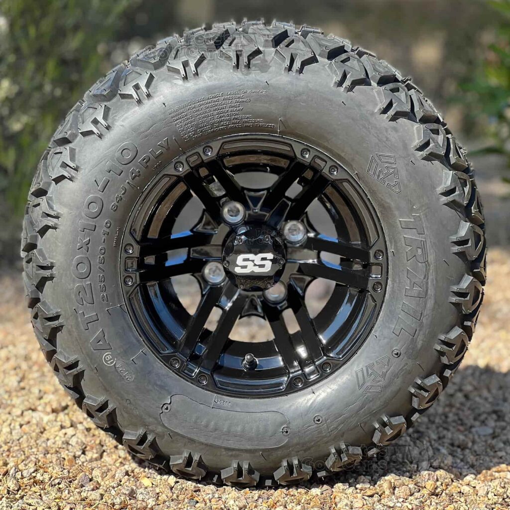 10-inch-terminator-gloss-black-golf-cart-wheels-20x10-10-excel-at-trail-dot-all-terrain-tires-combo