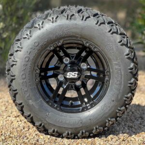 10" Terminator Gloss Black Golf Cart Wheels and 20x10-10 DOT All Terrain Tires Combo - Set of 4 (20" tall)