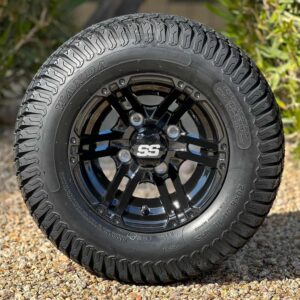 10″ Terminator Gloss Black Golf Cart Wheels and 20x8-10 Turf Tires Combo – Set of 4 (20" tall)