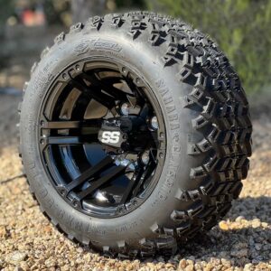 10" Terminator Gloss BlackGolf Cart Wheels and 18x9-10 DOT All Terrain Tires (18" tall - FITS ALL CARTS)