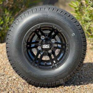 10″ Terminator Gloss Black Golf Cart Wheels and 205/65-10 DOT Street & Turf Tires Combo – Set of 4 (20" tall)