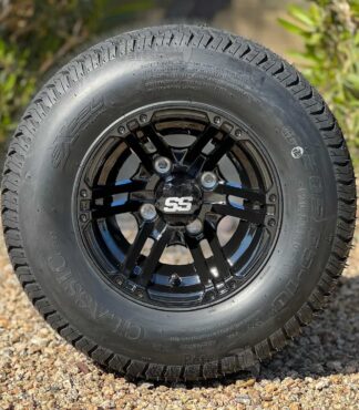 10-inch-terminator-gloss-black-golf-cart-wheels-and-205/65-10-comfortride-dot-approved-excel-classic-street-turf-tires-combo-set-of-4-nonlifted-ezgo-yamaha