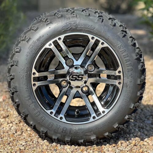 10-inch-terminator-machined-black-aluminum-golf-cart-wheels-and-18x9.5-10-excel-sahara-classic-dot-all-terrain-tires-combo