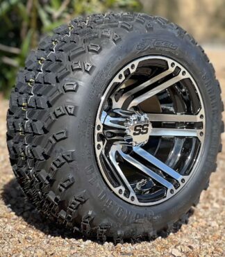 10-inch-terminator-machined-black-aluminum-golf-cart-wheels-and-18x9.5-10-excel-sahara-classic-dot-all-terrain-tires-combo-non-lifted