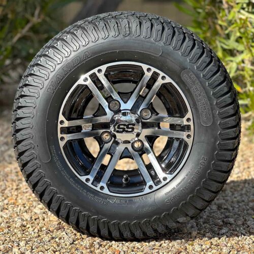 10-inch-terminator-machined-black-golf-cart-wheels-10x7-and-20x8-10-turf-p332-wanda-turf-tires-combo