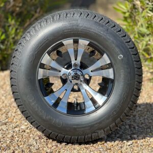 10″ Vampire Black/Machined Golf Cart Wheels and 205/65-10 DOT Street & Turf Tires Combo – Set of 4 (20" tall)