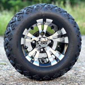 10" Vampire Black/Machined Golf Cart Wheels and 18x9-10 DOT All Terrain Tires (18" tall - FITS ALL CARTS!)