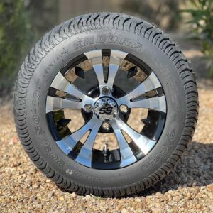 10" Vampire Black/Machined Golf Cart Wheels and 205/50-10 DOT Low Profile Street/Turf Golf Cart Tires Combo - Set of 4 (18" tall)