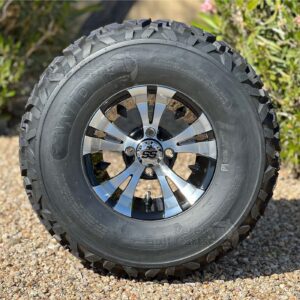 10" Vampire Black/Machined Golf Cart Wheels and 23x11-10 All Terrain Tires Combo - Set of 4 (23" tall)