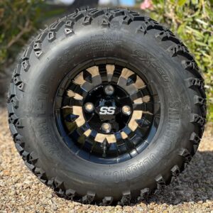 10" Vampire Gloss Black Golf Cart Wheels and 22x11-10 All Terrain Golf Cart Tires Combo - Set of 4 (22" tall)