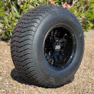 10″ Vampire Gloss Black Golf Cart Wheels and 205/65-10 DOT Street & Turf Tires Combo – Set of 4 (20" tall)