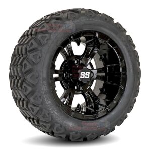 12" Vampire Gloss Black Golf Cart Wheels and 20x10-12 DOT All Terrain Golf Cart Tires Combo - Set of 4 (20" tall)