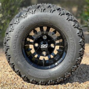 10" Vampire Gloss Black Golf Cart Wheels and 20x10-10 DOT All Terrain Tires Combo - Set of 4 (20" tall)