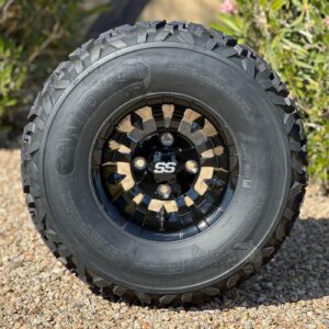 10" Vampire Gloss Black Golf Cart Wheels and 23x11-10 All Terrain Tires Combo - Set of 4 (23" tall)