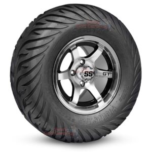 12" GT Black/Machined Golf Cart Wheels and 23x10.5-12 Hellfire Street/Turf Golf Cart Tires Combo - Set of 4 (23" tall)