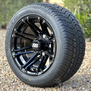 12" HD3 Gloss Black Golf Cart Wheels and 215/40-12 DOT Low Profile Street Golf Cart Tires Combo - Set of 4 (18.5" tall)