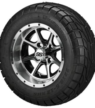 12" Predator Black/Machined Golf Cart Wheels and 22" Street/Turf Golf Cart Tires - Set of 4 for lifted EZGO, Club Car, and Yamaha golf carts