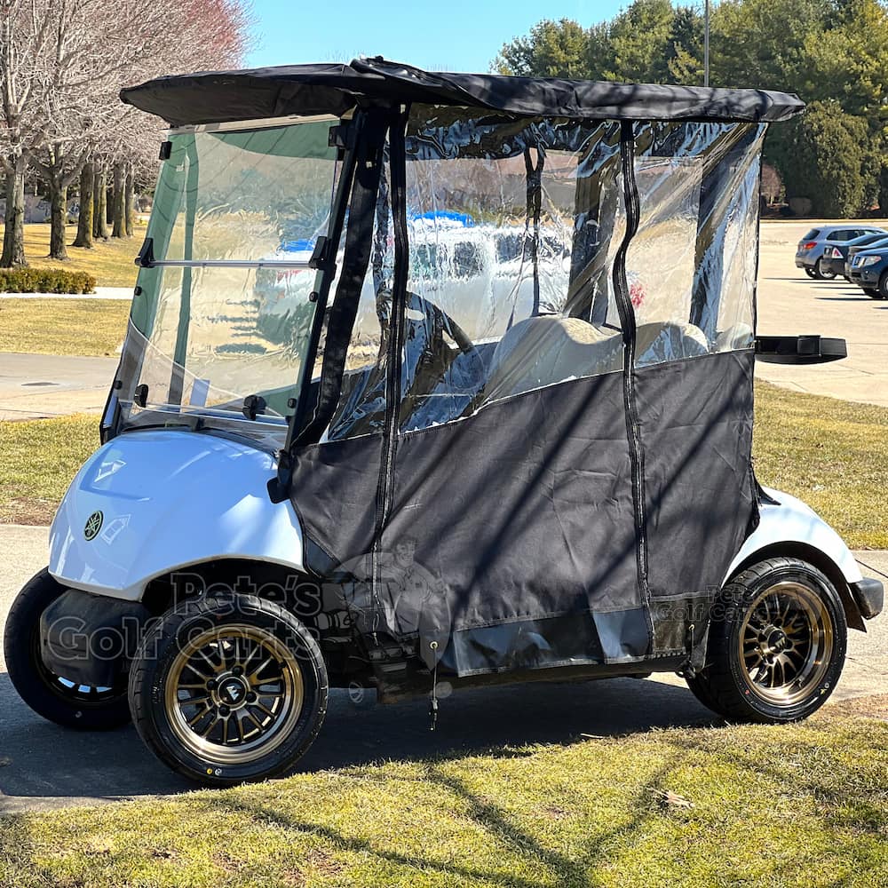 12-inch-Wheel-mate-type-v-bronze-black-golf-cart-wheels-215/40R12-kenda-kruzer-street-turf-golf-cart-tires-on-stock-yamaha-g29-drive-petesgolfcarts-grant-sassaman-black-squirrel-golf-course-goshen-in