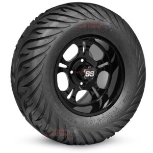 12" Darkside Gloss Black Golf Cart Wheels and 23x10.5-12 Hellfire Street/Turf Golf Cart Tires Combo - Set of 4 (23" tall)