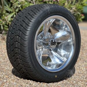 12" Godfather Polished Aluminum Golf Cart Wheels and 215/40-12 DOT Low Profile Street Golf Cart Tires Combo - Set of 4 (18.5" tall)