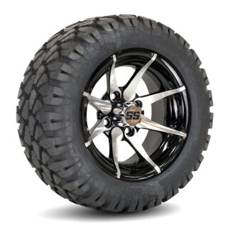 12-inch-kraken-machined-black--golf-cart-wheels-20x10-12-20-inch-tall-dot-STINGER-all-terrain-golf-cart-tires-combo