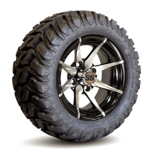 12" Kraken Black/Machined Golf Cart Wheels and 20x10-12 MUD Terrain Golf Cart Tires Combo - Set of 4 (20" tall)