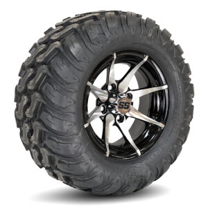 12" Kraken Black/Machined Golf Cart Wheels and 22x11-12 MUD Terrain Golf Cart Tires Combo – Set of 4 (22" tall)
