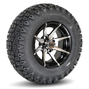 12" Kraken Black/Machined Golf Cart Wheels and 23x10.5-12 DOT All Terrain Golf Cart Tires Combo – Set of 4 (23" tall)
