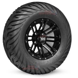 12" Lancer Gloss Black Golf Cart Wheels and 23x10.5-12 Hellfire Street/Turf Golf Cart Tires Combo - Set of 4 (23" tall)