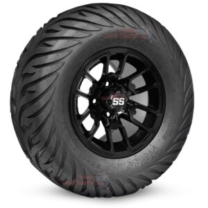 12" Lizard Gloss Black Golf Cart Wheels and 23x10.5-12 Hellfire Street/Turf Golf Cart Tires Combo - Set of 4 (23" tall)