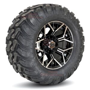 12" Mantis Black/Machined Golf Cart Wheels and 22x11-12 Mud Terrain Golf Cart Tires Combo - Set of 4 (22" tall)