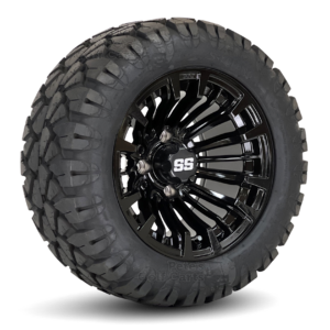 12" Matador Gloss Black Golf Cart Wheels and 20x10-12 STINGER Terrain Golf Cart Tires Combo - Set of 4 (20" tall)