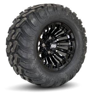 12" Matador Gloss Black Golf Cart Wheels and 22x11-12 Mud Terrain Golf Cart Tires Combo - Set of 4 (22" tall)
