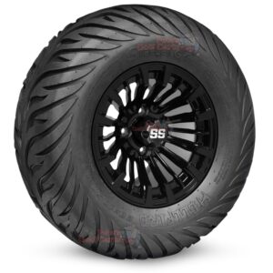 12" Matador Gloss Black Golf Cart Wheels and 23x10.5-12 Hellfire Street/Turf Golf Cart Tires Combo - Set of 4 (23" tall)