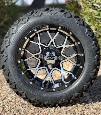 12-inch-matrix-black-machined-golf-cart-wheels-12x7-and-20x10R12-excel-AT-Trail-radial-dot-all-terrain-golf-cart-tires-combo-clubcar-ezgo-yamaha