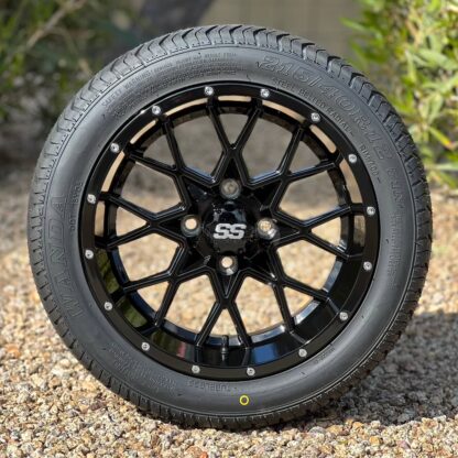 12-inch-matrix-gloss-black-aluminum-golf-cart-wheels-and-215:40R12-wanda-steel-belted-radial-dot-street-turf-tires-18-inch-tall-dot-street-turf-golf-cart-tires-for-non-lifted-golf-carts-petesgolfcarts