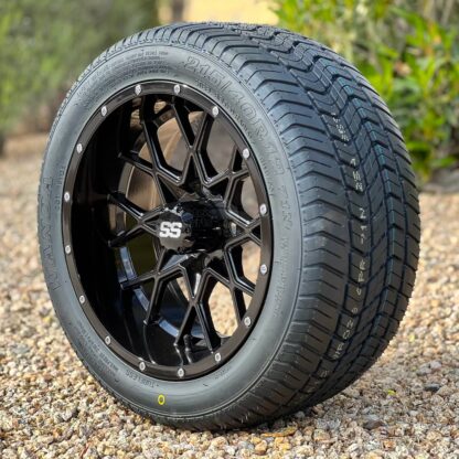 12-inch-matrix-gloss-black-aluminum-golf-cart-wheels-and-215:40R12-wanda-steel-belted-radial-dot-street-turf-tires-18-inch-tall-dot-street-turf-golf-cart-tires-for-non-lifted-golf-carts-petesgolfcarts-WR028