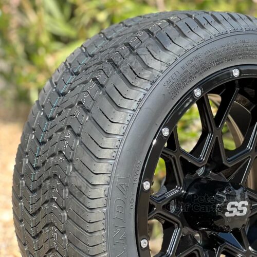 12-inch-matrix-gloss-black-aluminum-golf-cart-wheels-and-215:40R12-wanda-steel-belted-radial-dot-street-turf-tires-18-inch-tall-dot-street-turf-golf-cart-tires-for-non-lifted-golf-carts-petesgolfcarts-com