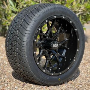 12" Matrix Gloss Black Golf Cart Wheels and 215/40-12 DOT Low Profile Street Golf Cart Tires Combo - Set of 4 (18.5" tall)